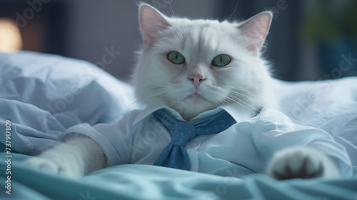 a cat is laying down in bed wearing a shirt, in the style of firmin baes, happycore, candid moments captured, uniformly staged images, light navy and light cyan, animated gifs