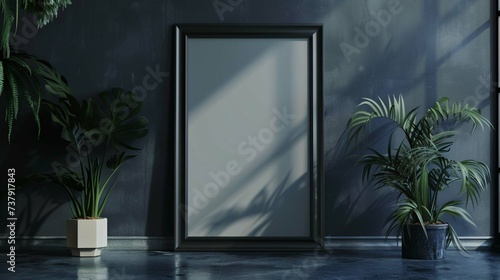 Frame mockup in modern dark home interior background. 