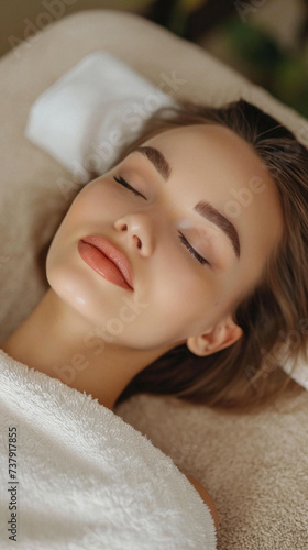 Beautiful young woman lying on massage table,relaxing with eyes closed .
