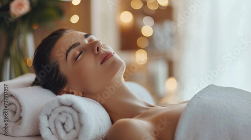 Relaxed young woman lying on massage table with closed eyes in spa salon