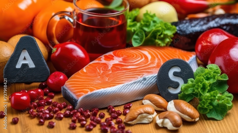 Foods rich in astaxanthin with structural chemical formula of