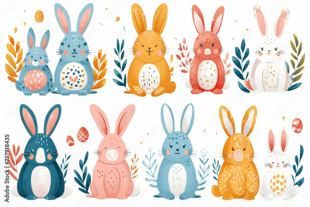 Obraz premium Happy Easter Eggs Basket Clipart Script space. Bunny in forest green flower Garden. Cute 3d color harmony easter rabbit illustration. Easter love card wallpaper funny easter card