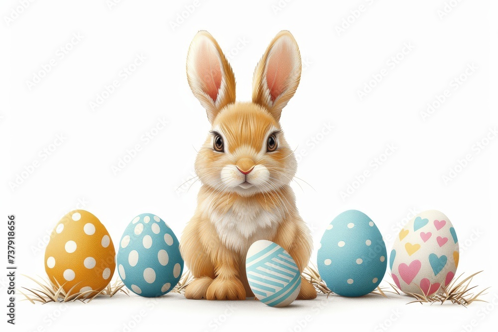Happy Easter Eggs Basket Clover Green. Bunny in celebration flower Garden. Cute 3d toy bunny easter rabbit illustration. Easter Spiritual journey card wallpaper Eggs nest