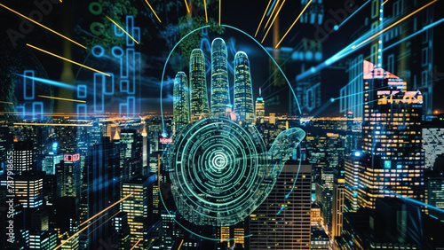Hand with a fingerprint in city. Embodying security and business technology, cyber identity protection concept, reflecting the integration of digital safety measures and innovative solutions