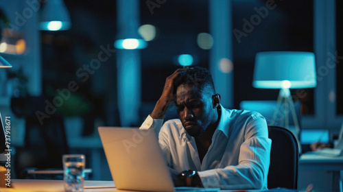 African american businessman working late at night in office. African-american entrepreneur in formal wear sitting at desk and working late at night .