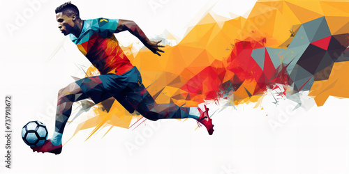 A painted athlete fooball player with many colors in the white background.