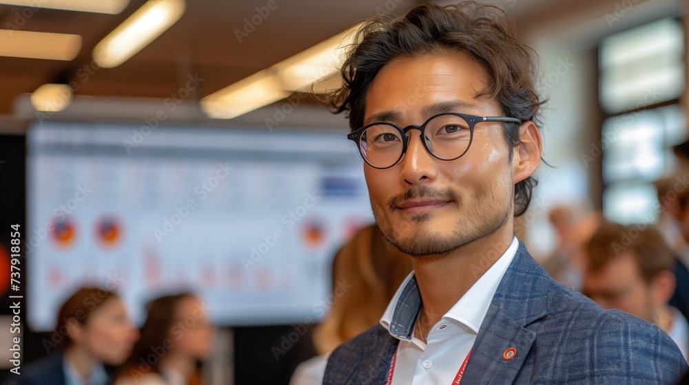 a man wearing glasses and a suit is standing in front of a group of people a man wearing glasses and a suit is standing in front of a group of people
