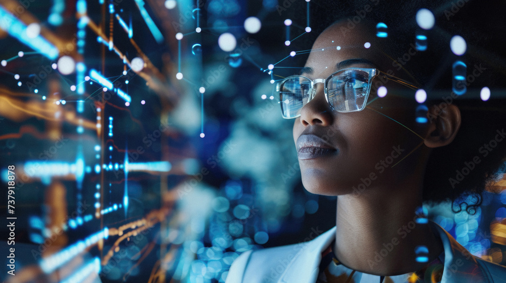 Innovative technologies in science and medicine. Side view of young African-American woman in smart glasses working with futuristic interface . Innovative technologies in science and medicine. Side view of young African-American woman in smart glasses working with futuristic interface .
