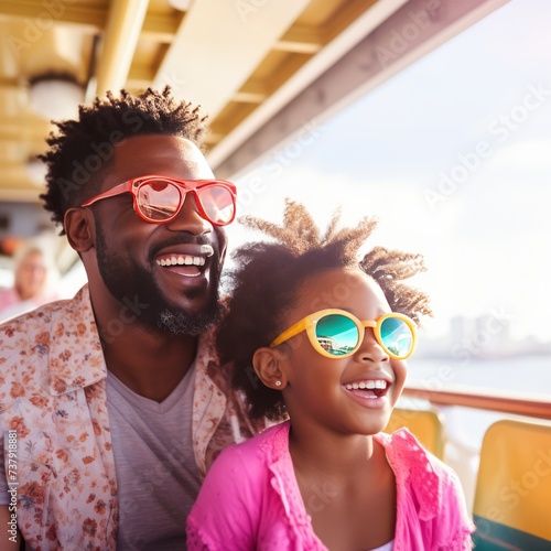 African child girl traveling on a cruise ship with their father enjoying the beautiful sunny atmosphere on board