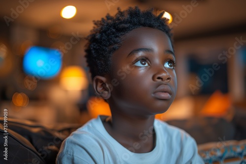 Young boy in contemplation indoors, warm ambient lighting
