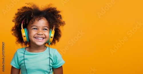 A happy African girl, wearing headphones and listening to music with curly hair to celebrate. photo
