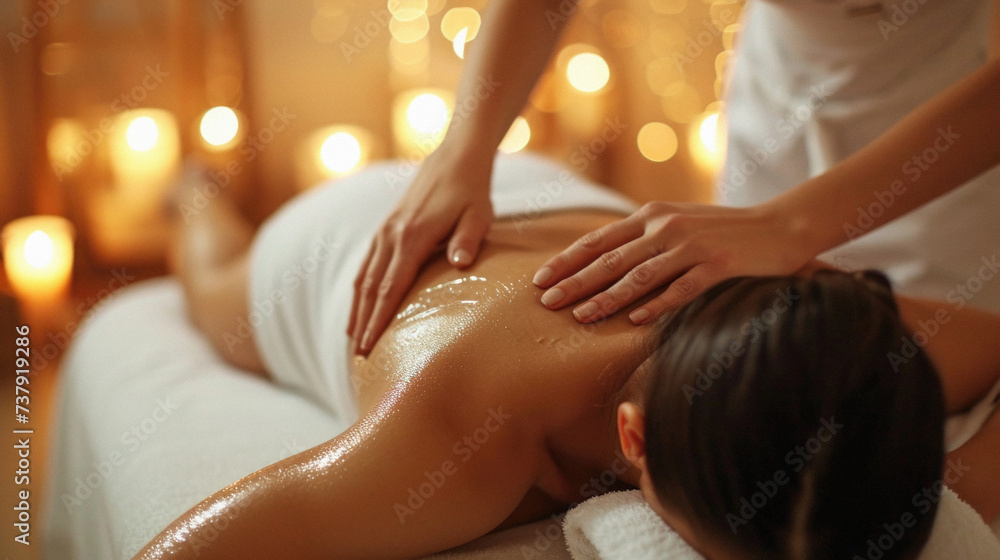 Obraz premium Young woman having back massage in spa salon, closeup. Beauty treatment