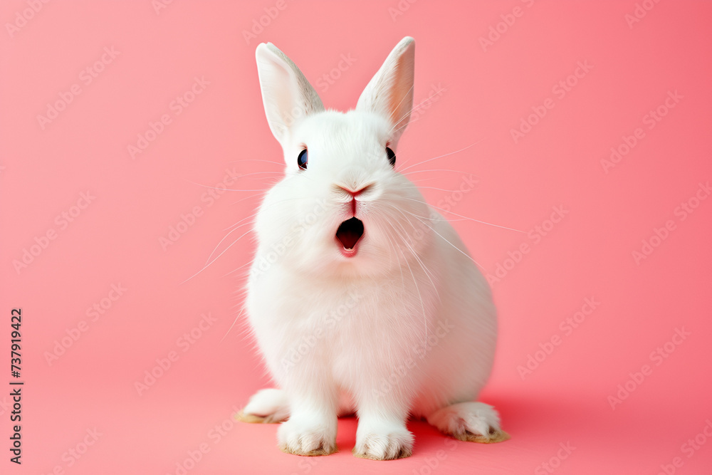 White cute rabbit is looking out of the image with a surprised expression on pink background, free space for your advertising	