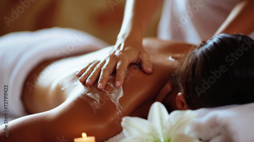 Young woman having a back massage in a spa centre, close-up photo
