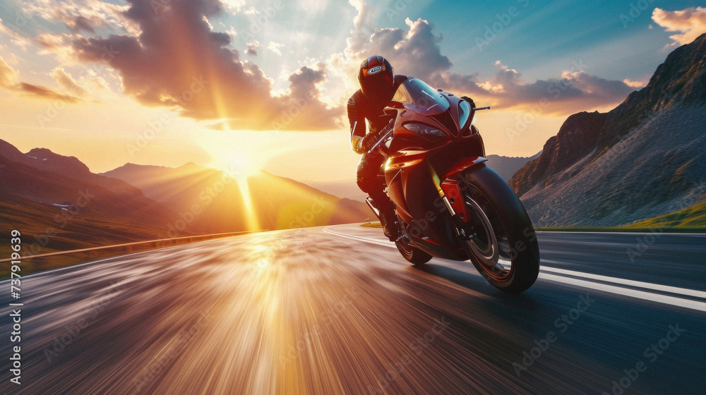 Motorcycle rider riding on the road. Extreme sport and travel concept . - obrazy, fototapety, plakaty 