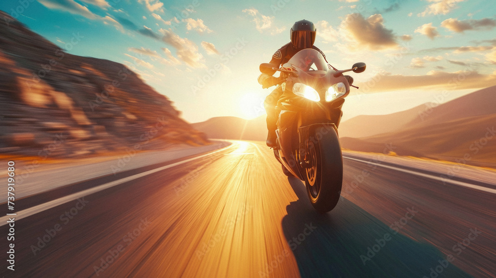 Motorcycle rider riding on the road at sunset. Adventure and travel concept . Motorcycle rider riding on the road at sunset. Adventure and travel concept .