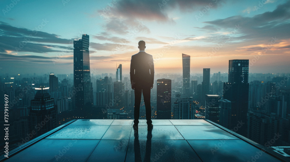 Businessman standing on top of the building with cityscape background . - obrazy, fototapety, plakaty 