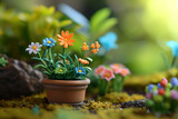 Cute flower garden, plasticine miniature, Closeup View, Beautiful spring background