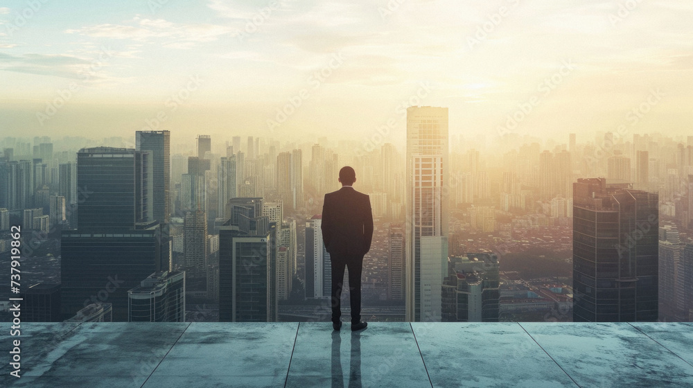 Businessman standing on top of building and looking at the city. Businessman standing on top of building and looking at the city.