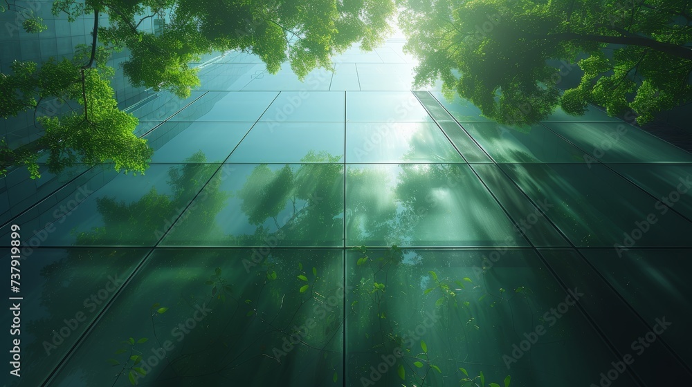 In the modern city, an eco-friendly building with green tree branches and an energy-efficient glass structure. Office building with a green environment. The Go Green concept.