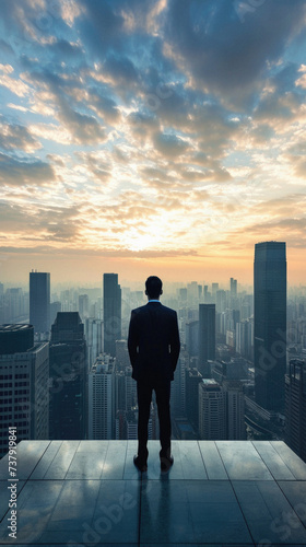 Businessman standing on top of the building and looking at the city