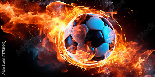 A close up of the soccer ball in the flame of fire .