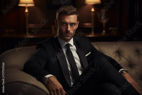 Young handsome businessman sitting on a leather sofa