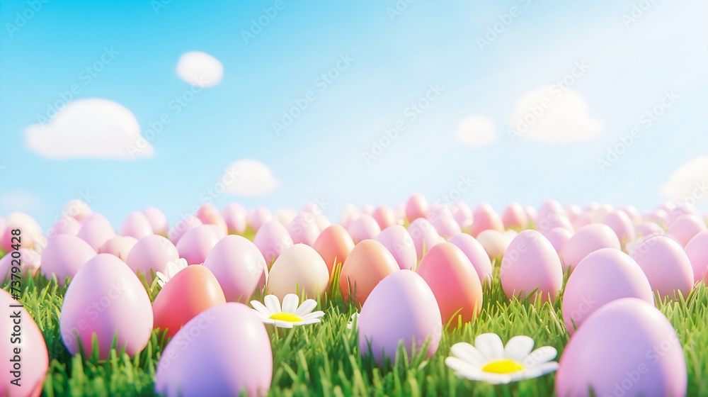 Field full of pink eggs, blue sky and soft sunlight