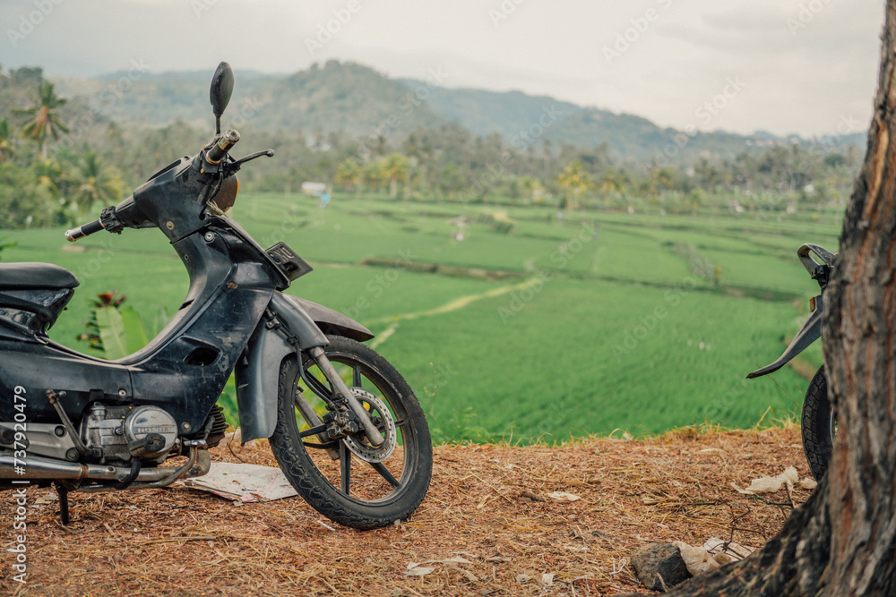Old, Scuffed Motorcycle Parked in Front Of Rice Fields in Bali, Indonesia. Old, Scuffed Motorcycle Parked in Front Of Rice Fields in Bali, Indonesia.