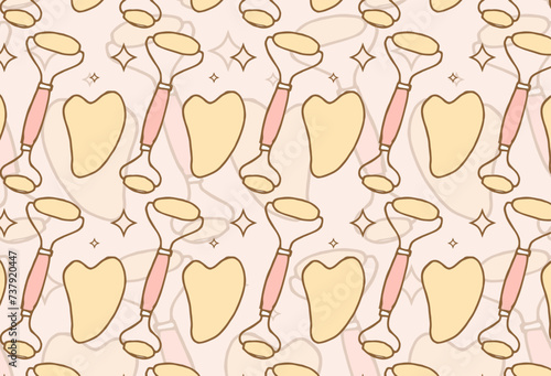 seamless pattern with jade roller and gua sha