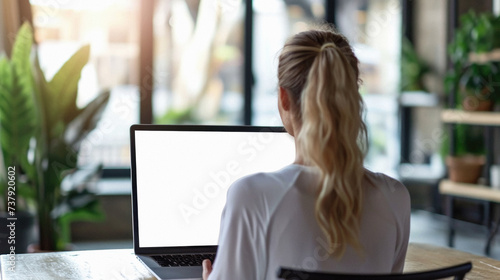 Young woman sitting in cafe and working on laptop computer with blank screen.