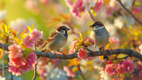 A mesmerizing panoramic vista of sparrow birds perched on a tree branch amidst a colorful array of flowers in a spring garden