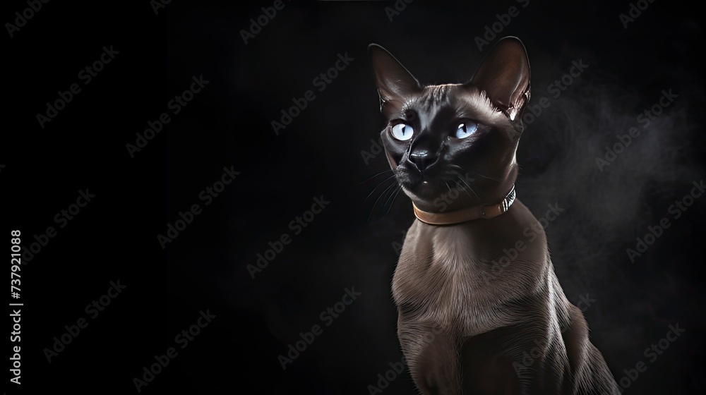 Siamese cat on a dark background, copy space - generative ai