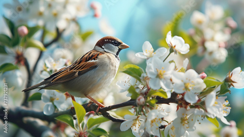 A panoramic view of sparrow birds resting on a tree branch amidst an apple tree blooming with white flowers in a picturesque spring garden © UMAR SALAM