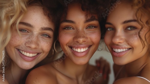 With a female friend group in a studio setting on a beige background promoting skincare. Portrait, face, and smile of a happy female indoors promoting luxury cosmetics.