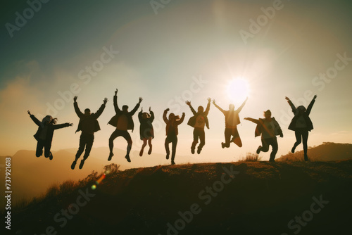 A group of diverse people mid-leap in the air against a clear sky, symbolizing the extra day of opportunity and excitement that leap day brings.