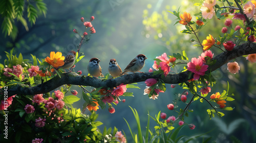 A panoramic view of sparrow birds perched on a tree branch adorned with colorful flowers in a lush spring garden photo
