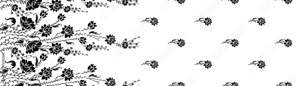 Seamless,Black,And,White,Textile,Floral,Border