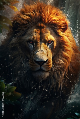 a lion with a wet mane