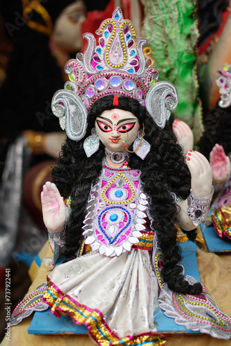 Idol of Goddess Devi Saraswati is in preparation for the upcoming Saraswati Puja at a pottery studio in Kolkata, West Bengal, India.