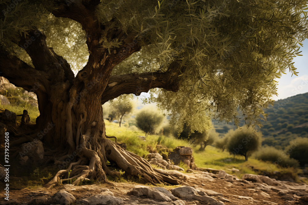 Obraz premium Mediterranean olive field with old olive tree