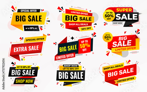 Big sale banner set. Special offer price label design. Product discount festival sale tag design. Super Sale pormotion banner template. Flat sale Vector Illustration.