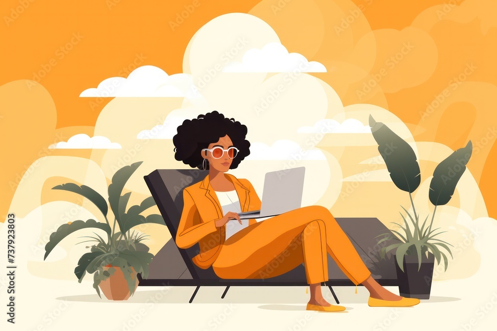 creative businesswoman with laptop flat illustration in orange color palette. Female freelancer  working on her project.