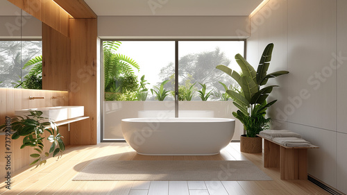 A minimalist Scandinavian bathroom with clean lines and natural wood accents.