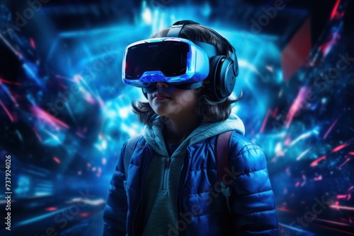 kid in virtual reality goggles flying in augmented reality background illustration. Boy in VR glasses in meta verse in blue neon color © Dina