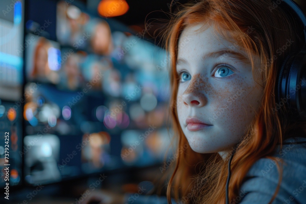 Young Girl Watching an Array of Faces on a Large Screen Young Girl Watching an Array of Faces on a Large Screen