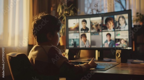 Young Child Engaged in an Online Class From a Cozy Home Environment