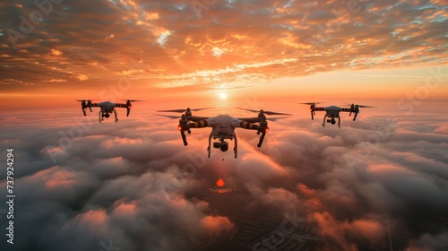 Fleet of Drones Flying at Sunset Above Cloudscape