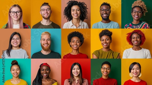 Collage de 15 personnes de diverses origine ethnique exprimant des émotions positives sur fond coloré