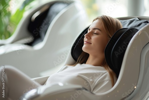 A serene European woman enjoys a moment of relaxation while sitting in a state-of-the-art massage chair in a well-lit modern room. photo